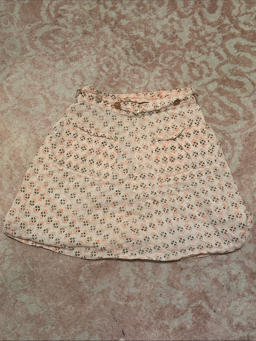 Vintage Apron Style Light Cream Floral A-Line Skirt